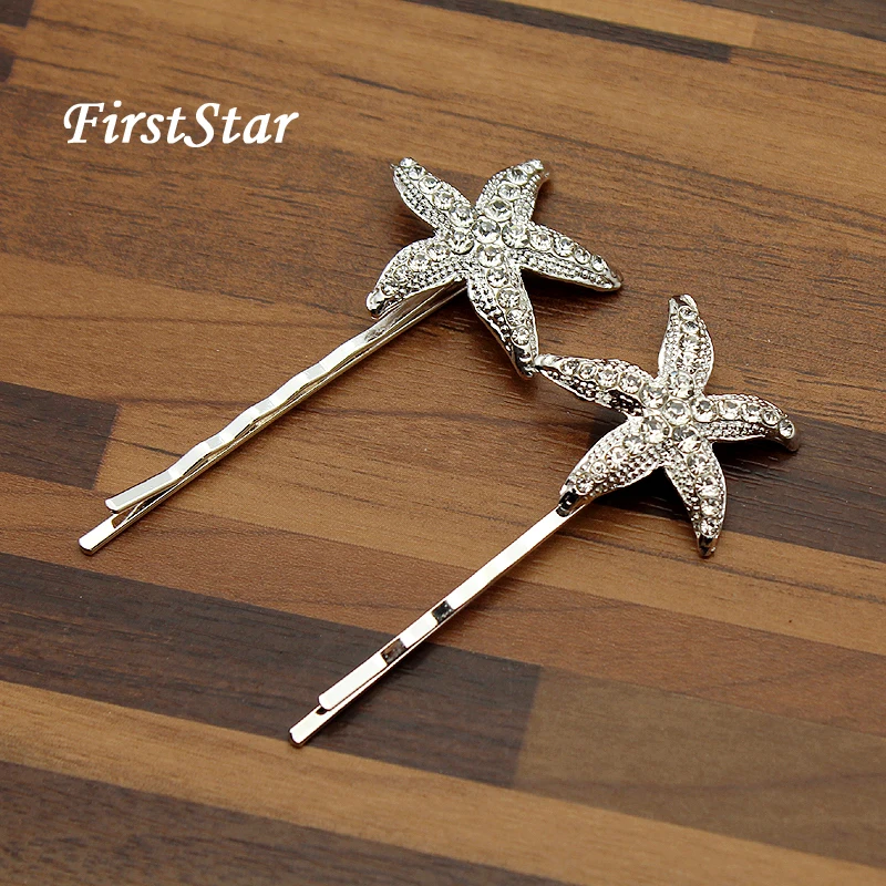 

1 Pair FirstStar Silver Crystal Starfish Hair Clip Hairpins Bridesmaid Rhinestone Hair Barrette For Women Wedding Hair Jewelry