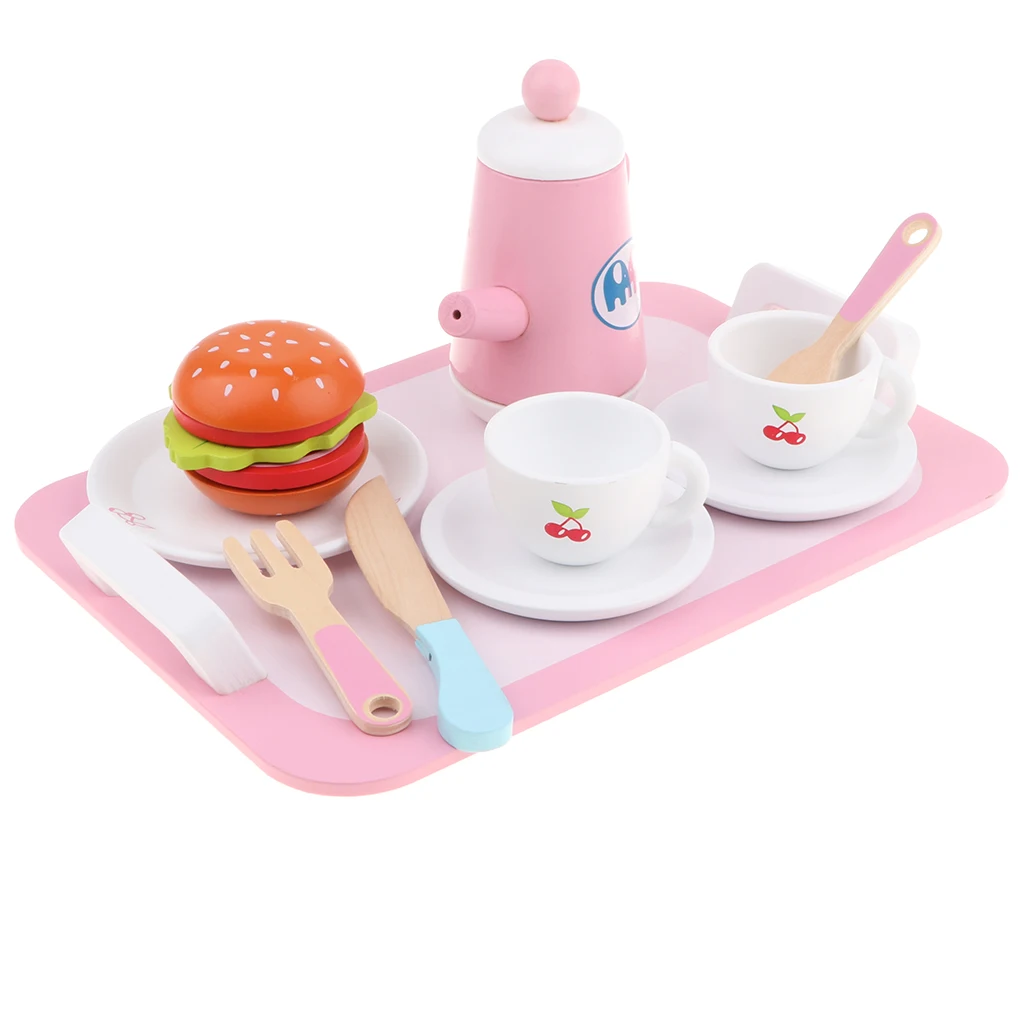

14-piece Wooden Tea Set Pretend Play Toy Educational Game For Kids Children - Soild Wood Saucer Cup Teapot Food Set
