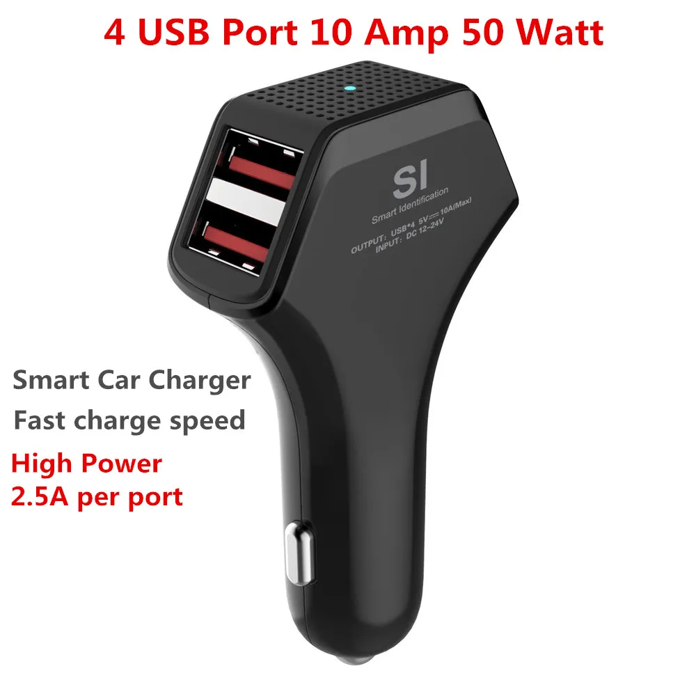 4 Port USB fast Car Charger Adapter 10 Amp 50 Watt Universal High Power