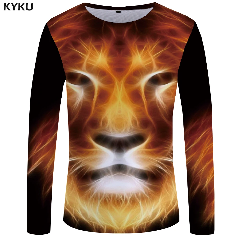KYKU Lion футболка мужская с длинным рукавом серая крутая 3d футболка с животным одежда панк уличная мужская одежда новая S-XXXXXL