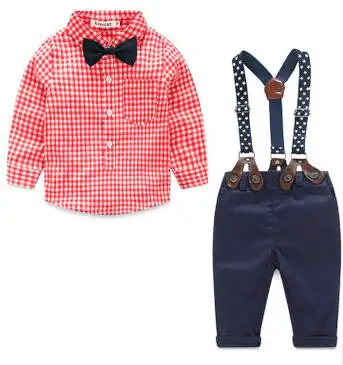 2 шт/0-24months/Демисезонный комплекты одежды для новорожденных Комплект одежды для маленьких мальчиков Повседневное джентльмен Рубашки в клетку+ Брюки для девочек младенческой Костюмы bc1155 - Цвет: Красный