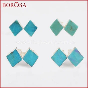 

BOROSA Rhombus 100% Natural Blue Stone Stud Earrings for Women, Stylish Druzy Silver Color Natural Blue Stone Stud Earring S1321