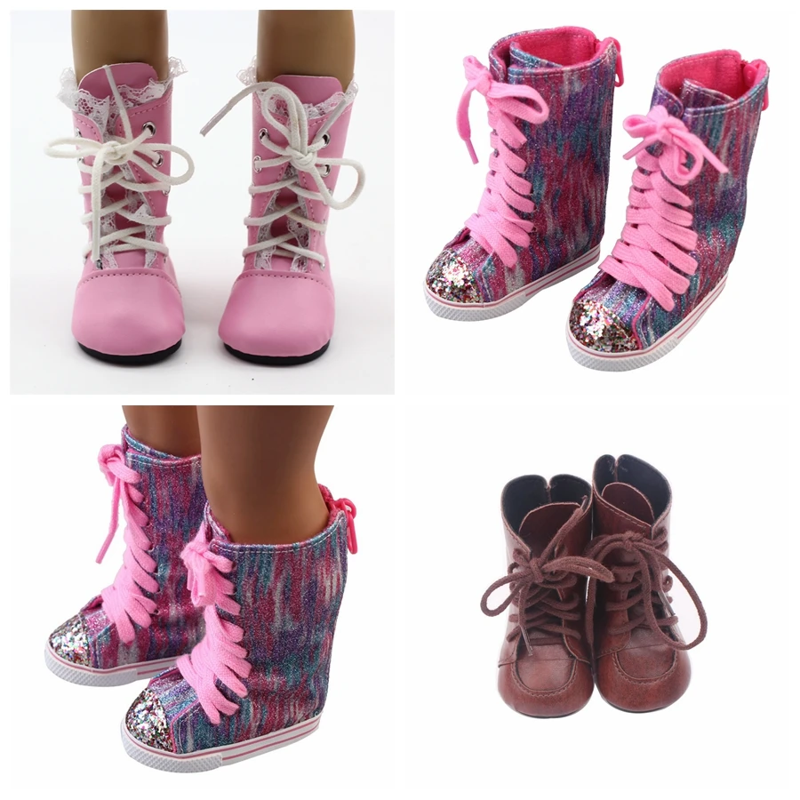 

1 Pair PU Leather Boots Pink Brown Glitter For 43cm New Baby Dolls As For 18 Inch Baby Dolls Mini Shoes For baby Gift