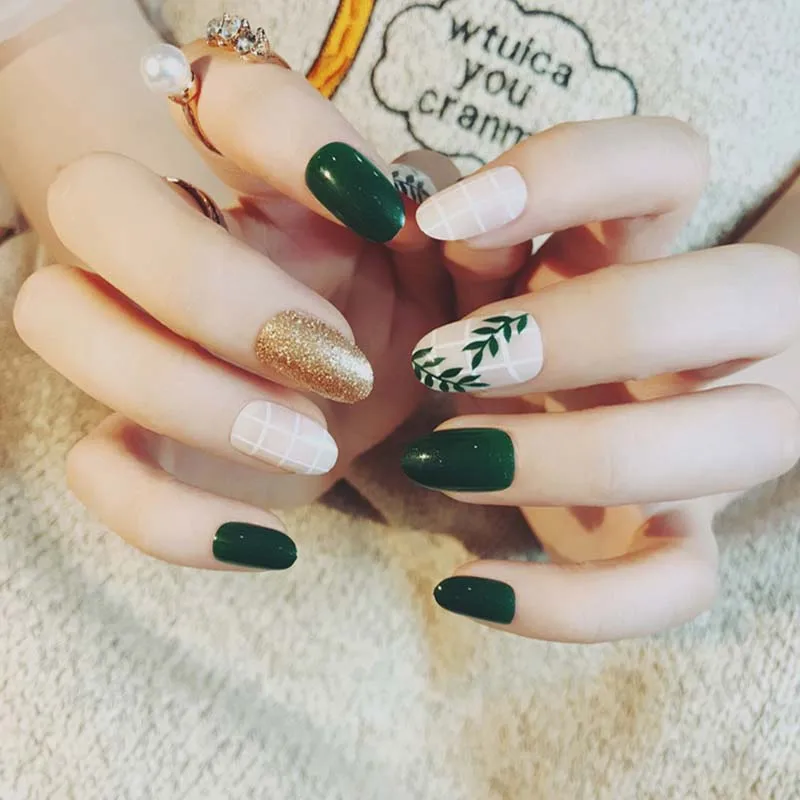 

24Pcs Finger False Nails With design for Women Girl Full Nail Tips artificial nails Dark Green hybrid nail Acrylic Fake Nail
