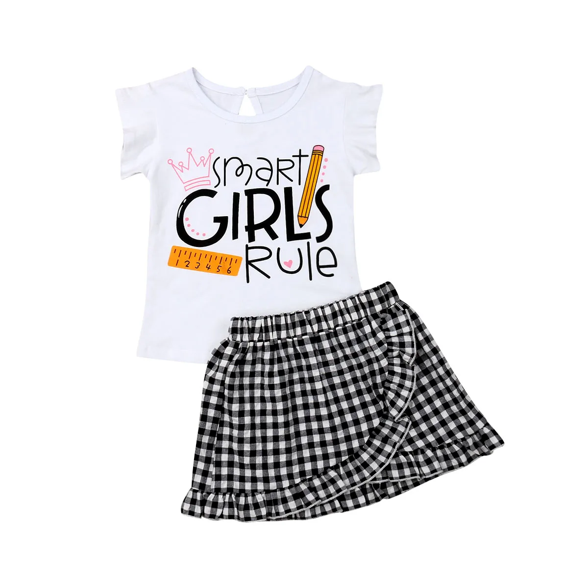 

1-6Y Toddler Kids Baby Girl Cotton Clothes Sets Letter Print T-shirt Tops Plaid Ruffles Skirts Clothes Sets