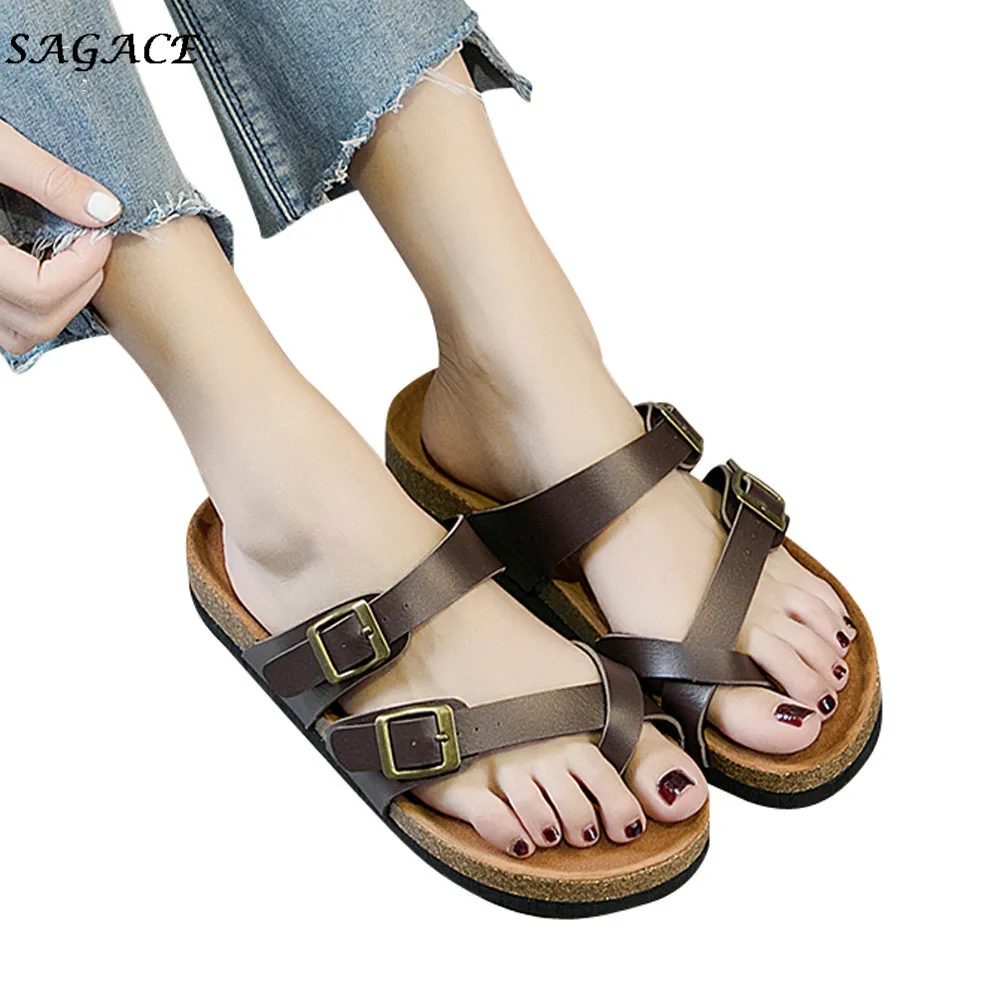

SAGACE 2018 hot shoes women zapatos mujer Womens Double Buckle Strap Leather Flat Sandals Thick-soled Cork Slipper size36-43