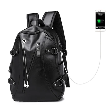 

Men Backpack External USB Charge Waterproof Backpack Fashion PU Leather Travel Bag Casual Laptop School Bag Leather Bookbag 2019