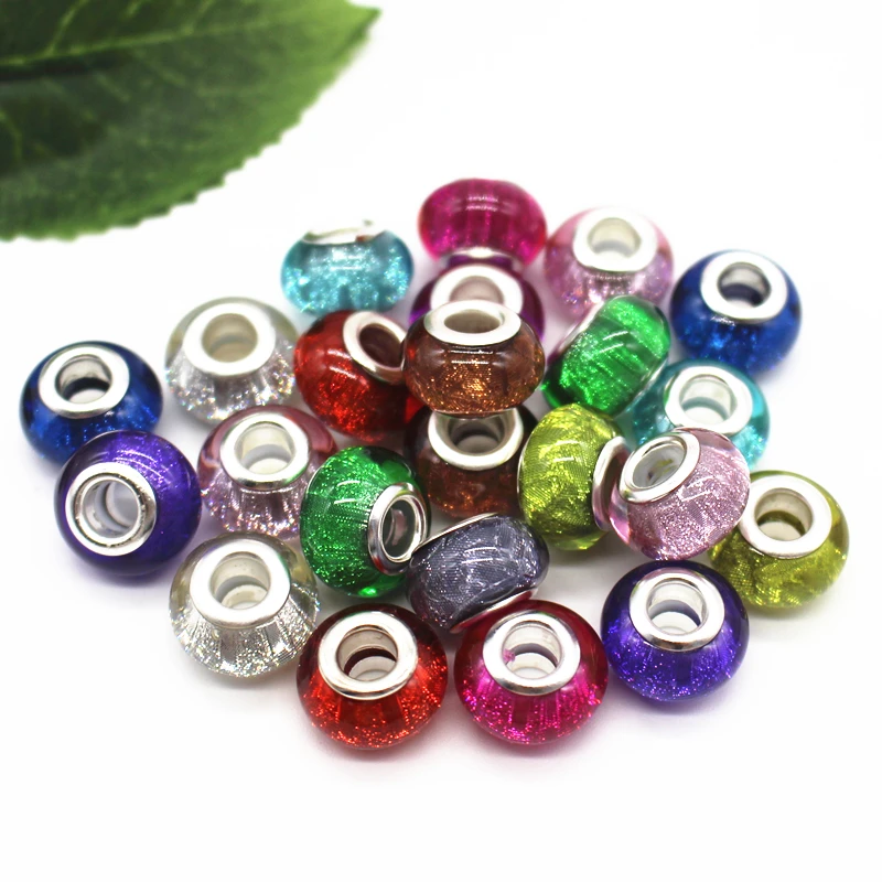 

14mm Acrylic Silver Color Cord Big Hole Loose Beads Fit European Jewelry Bracelet Charms DIY 100pcs/lot