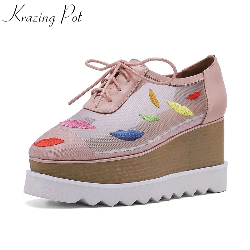 

Krazing Pot cow leather colorful lips prints platform square toe lace up big size thick bottom summer air mesh energy pumps L01