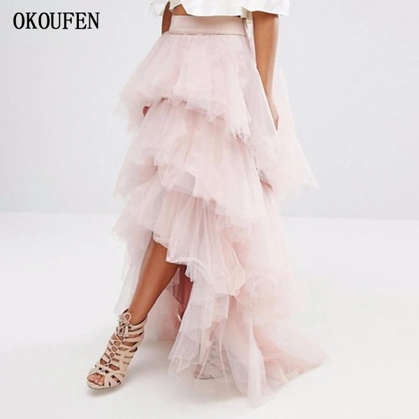 Gorgeous Light Pink Tulle Skirt Layered Tiered Puffy Women Tutu Skirts Cheap Formal Party Gowns High Low Long Skirts Custom Made 副本