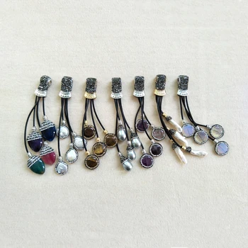 

5Pcs Colorful Natural pearl Stone Pendant,Crystal Rhinestone Paved Leather Tassel Charms Jewelry necklace making PD241