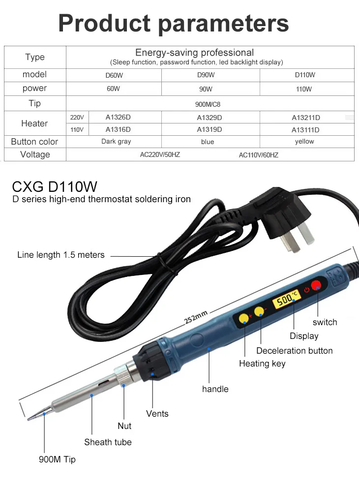 CXG Электрический паяльник D60W D90W D110W 220 В цифровой термостат с ЖК-дисплеем Функция сна подключаемый сердечник инструмент для сварки припоя паяльник жало для паяльника паяльник паяльник с регулятором температуры