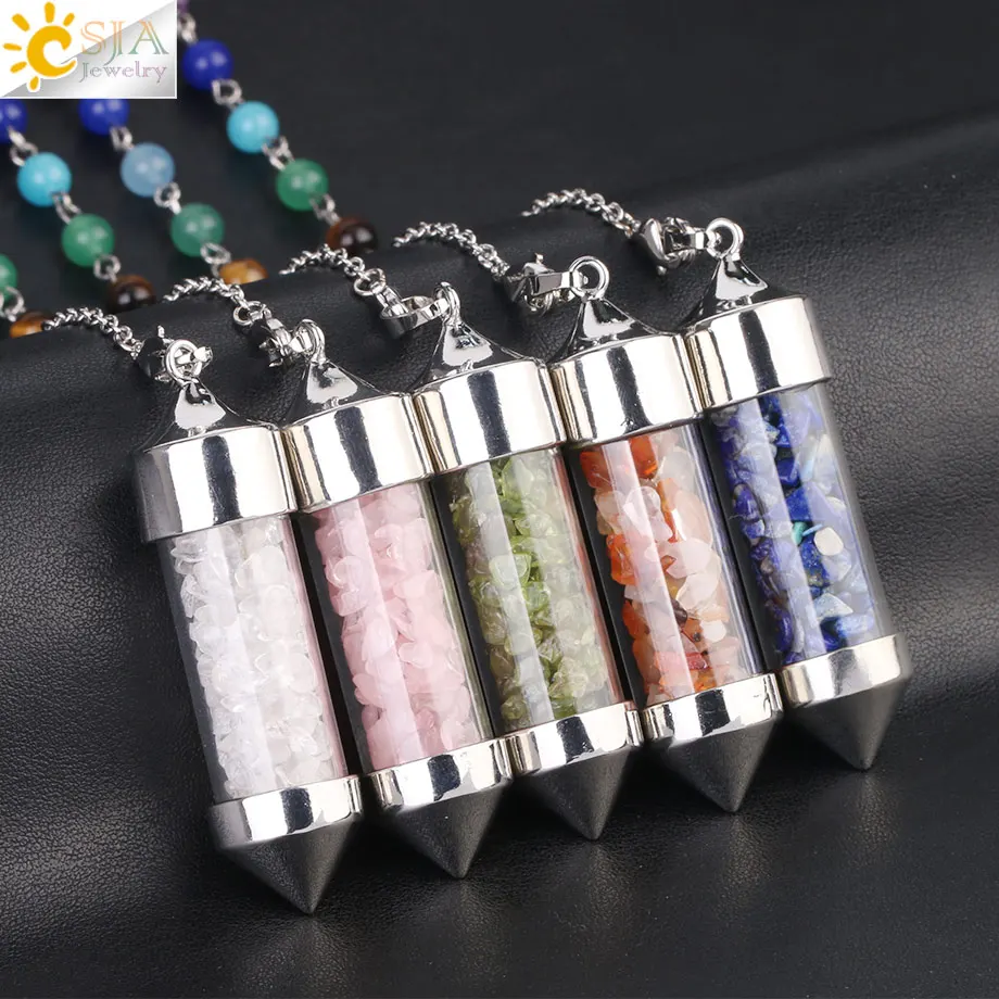 CSJA New Arrival 7 Chakra Wishing Bottle Pendulum Reiki Natural Chip Stone Pendant Necklace for Women Men Divination Amulet F976