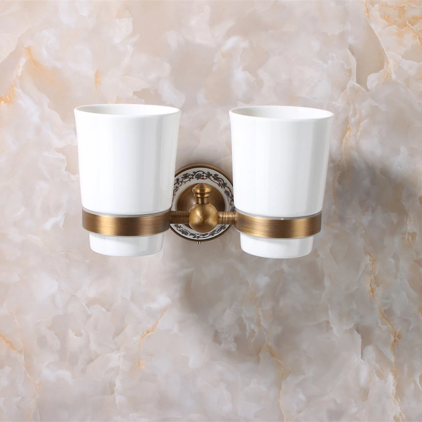 Top Quality Luxury European Style Antique Copper Toothbrush Tumbler&Cup Holder With 2 Cups Wall Mounted Bath Product 9069K