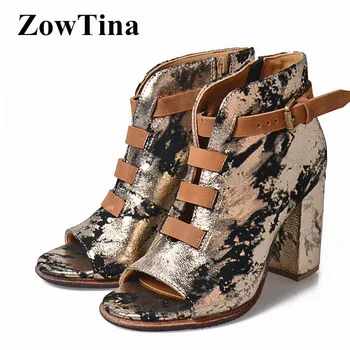 

Real Leather Women Open Toe Boots Gladiator Cut Out Summer Booties Ladies Shoes Woman Side Zipper Square High Heels Stilettos