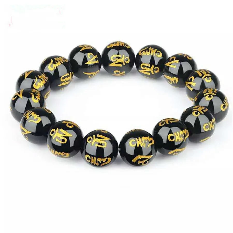 

16mm Genuine Natural Black Gold Obsidian Bracelet Women Men Love Gift Healing Words Stone Stretch Round Beads Crystal Jewelry