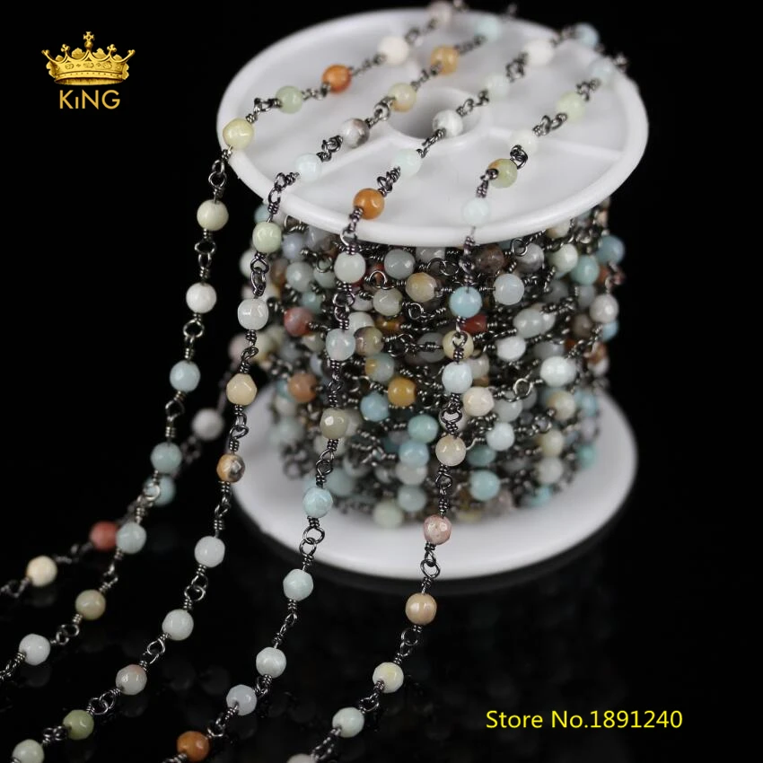 

5Meters,Faceted Natural Amazonite Round Beads Rosary Chain Findings,4mm Wire Wrapped Gun Black Plating Chains for Bracelet ZJ-71