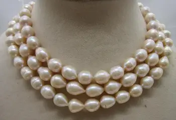 

Beautiful 3row 11-13 mm natural WHITE rice shape pearl necklace