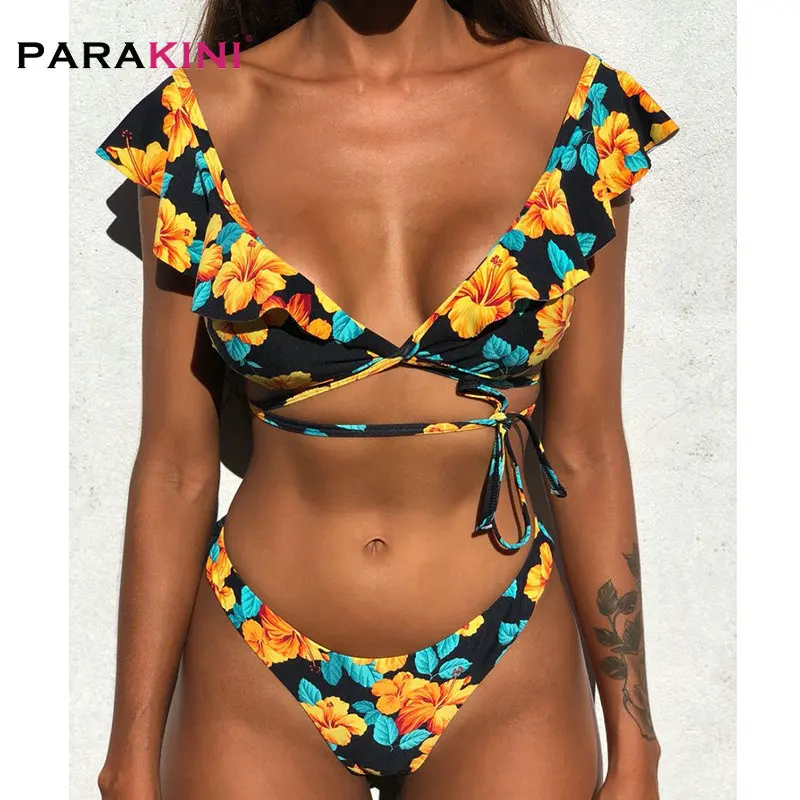 

PARAKINI Floral Women Bikini Ruffle Push Up Bikini High Waist Biquini Swimwear Flower Print Vintage Swimsuit Flounce Bath Suit