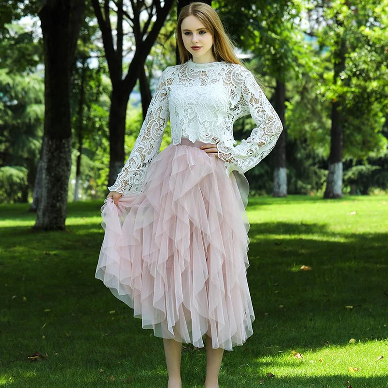 

Sweet Ruffled Irregular Maxi Skirts A-Line Skirt Layered Skirt Levels with Ruffles Tutu Skirt Mesh for Adult