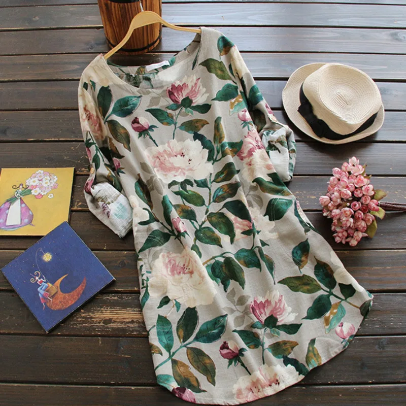 Meilleur Imprimé Floral Femmes Tops et Blouses Plus La Taille 2018 Coton D o Cou Linge Chemise À Manches Longues Casual Vintage Femme Automne Top XXXL