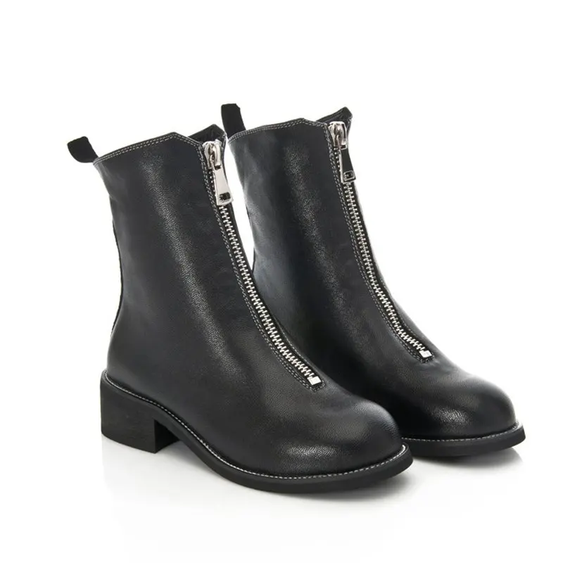 

2018 new autumn and winter leather sheepskin thick with retro front zipper female Martin boots large size British wind women's b