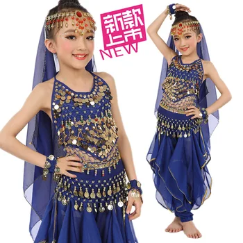

7 colors 105-155cm belly dance dress blue purple red rosy green yellow 6pcs Top+pant+belt+headwear India Girl kid Costume