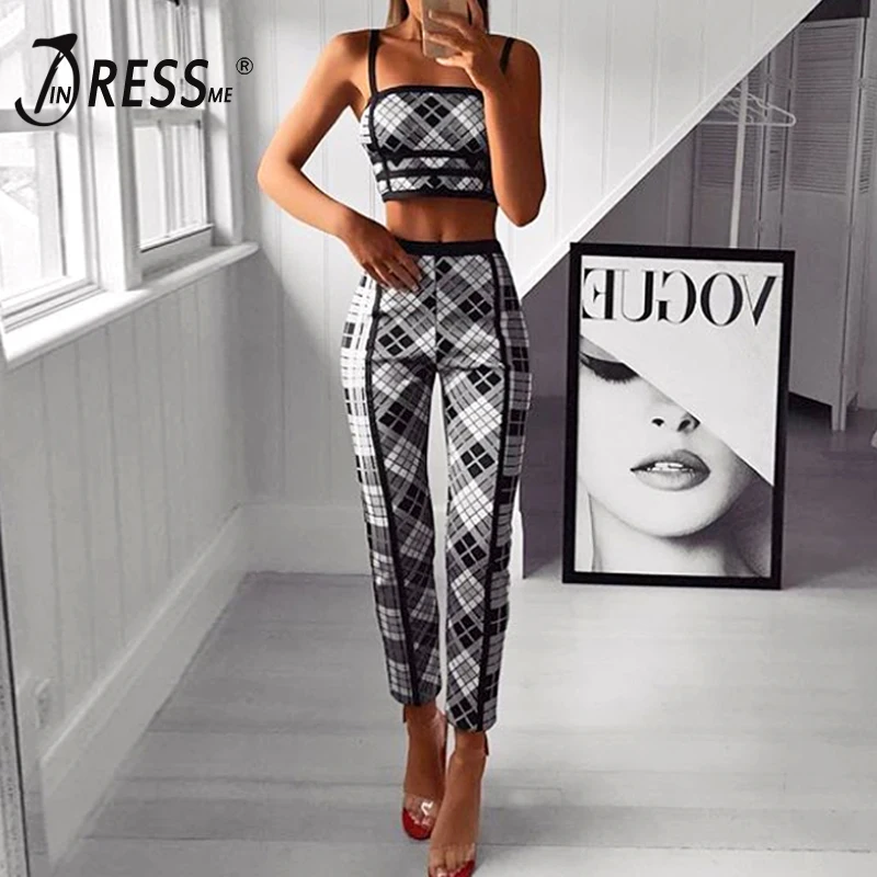 

INDRESSME 2019 Women Fashion Plaid Sexy Strap Square Neck Short Top Long Pant Jacquard Bandage Suits Set Bandage 2 Pieces Sets