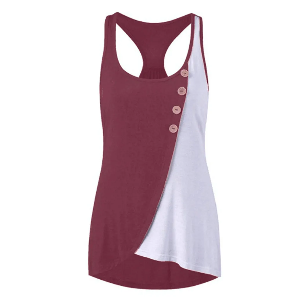 

Tank Top Women Ladies Round Neck Button Sleeveless Contrast Stitching Vest Loose O-Neck Stretch Soft Daily Casual Summer Top
