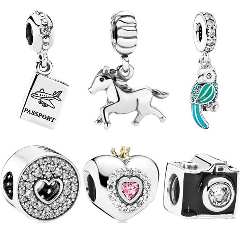 

Fit Original Pandora Charms Silver Bracelet Trinket Jewelry Women 1pc Horse Dird Camera Aircraft Silver Mickey Minnie DIY Bead