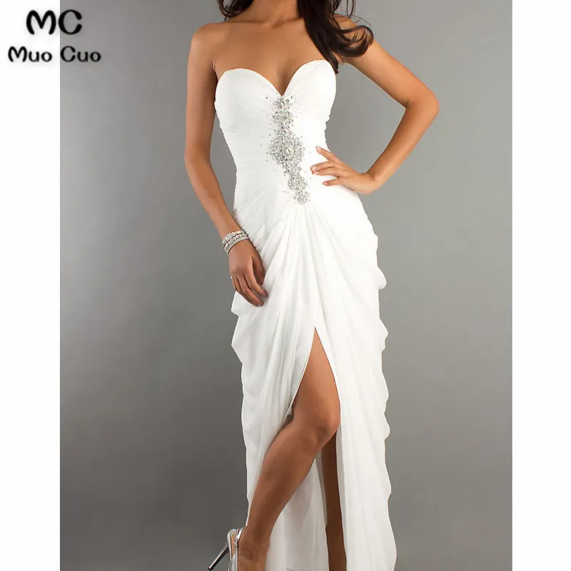 

Elegant 2018 White Prom Dresses Long with Crystals Beaded vestido de festa Sweetheart Chiffon Front Slit Evening Party Dress