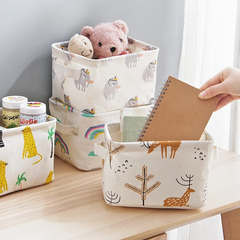 Storage Basket DIY Office Desktop Organize Folding Linen Toy Storage Box Pastoral Floral Animal Jewelry Makeup Organizer Baskets