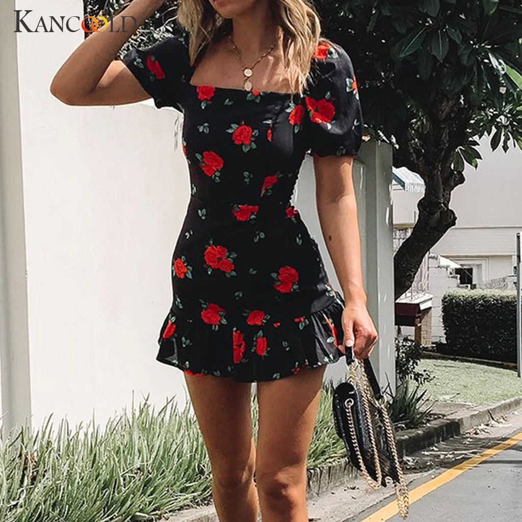 

KANCOOLD dress Fashion Women Square Neck Lantern Sleeve Dress Summer Rose Print Ruffles Hem Bodycon new dress women 2019MAY3