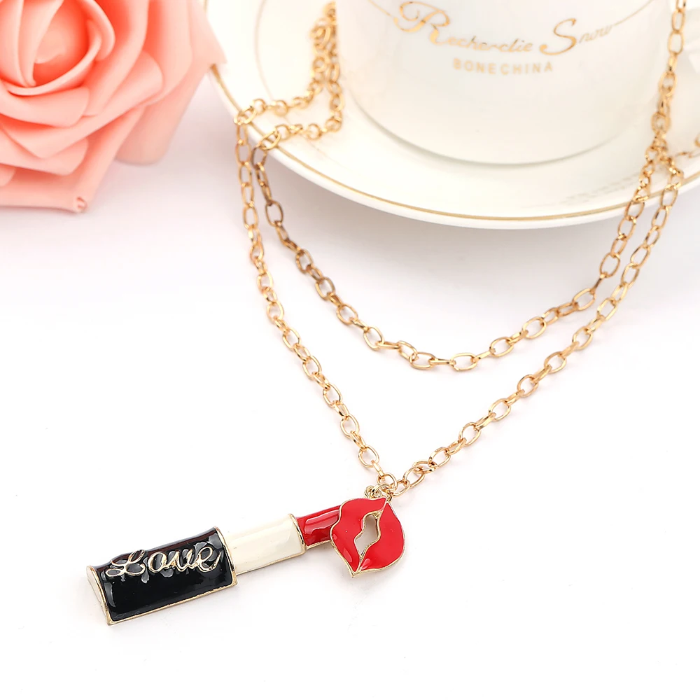 

Sweet Charming Lipstick Mouth pendantl Necklaces Jewelry Long Neck For Christmas Gift gold Metal Chain Necklace &Pendant woman