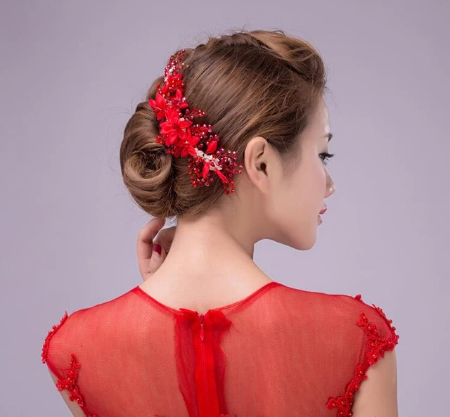 Buy Luxury wedding hair accessories red crystal pearl flower tiara bridal hair