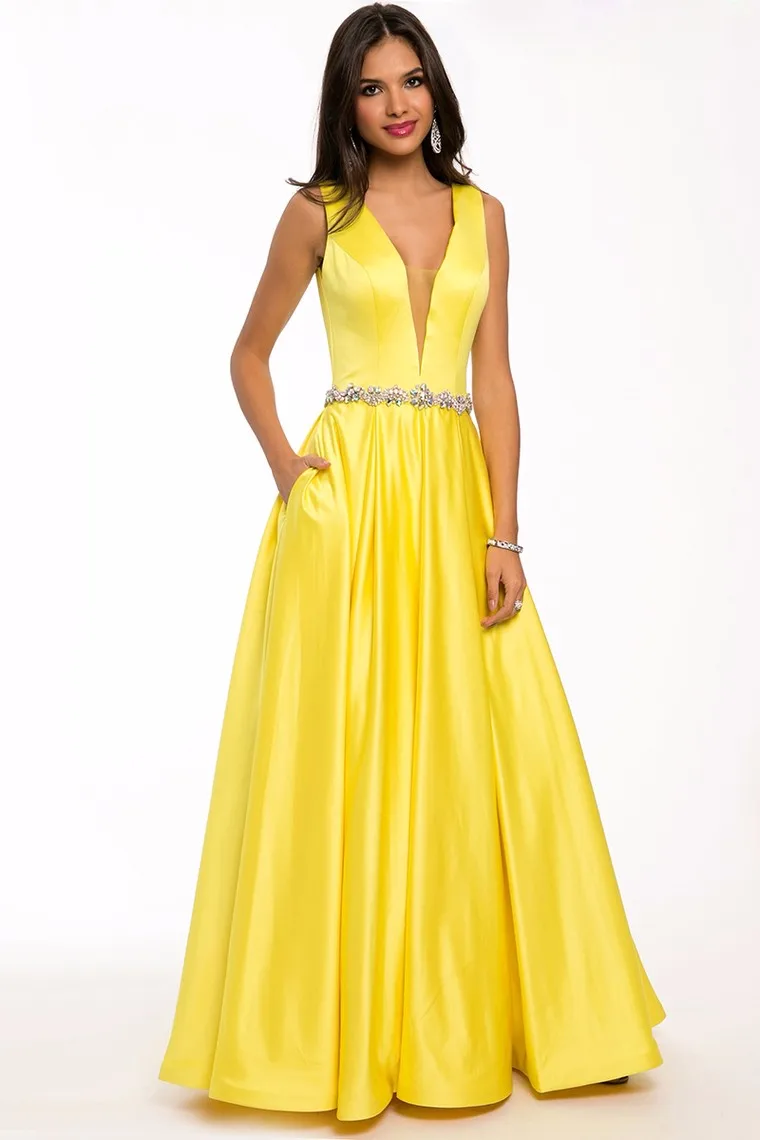 

2015 Yellow Evening Dresses Satin Deep V-neck A-line Floor-length Backless Sexy Formal Party Dresses Plus Size Vestidos