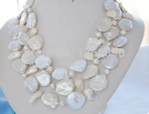 

000568 triple strands 7-20mm natural south sea white pearl necklace