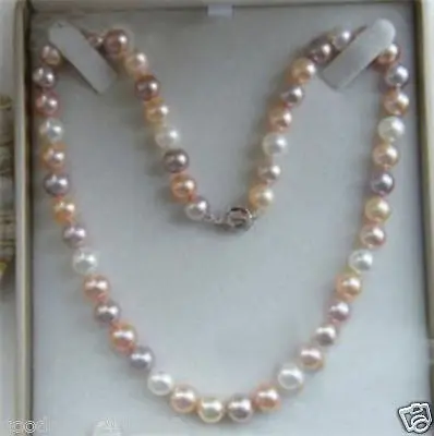

18" 8-9MM Akoya Natural White Pink Purple Pearl Necklace 14 Gold