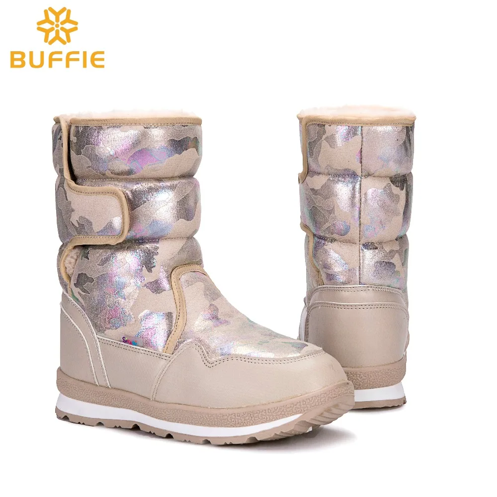 Cena Buty damskie klasyczne zimowe ciepłe futrzane buty piaskowe beżowe buty do połowy łydki klamra łatwa wodoodporna górna gruba pluszowa wkładka dobra