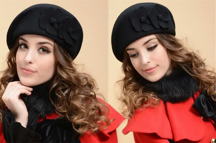 Flower French Trilby Wool Soft Stewardess Hat gorras planas New Fashion Women Beret Hat For Women Beanie Female Cap