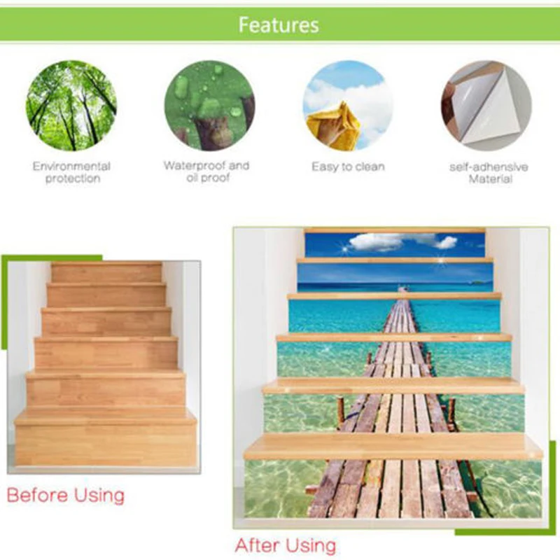 6Pcs/set 3D Self-adhesive  Vinyl Staircase Stair Riser Floor Sticker Wall Decal