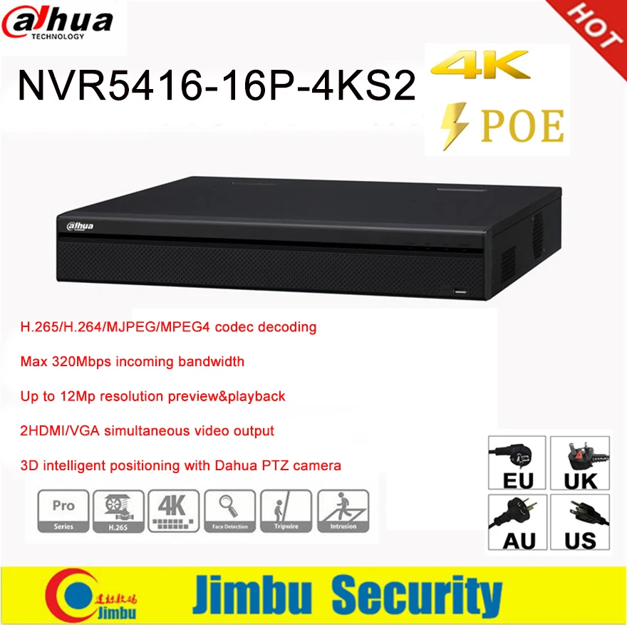 

Dahua 16CH 1.5U 16PoE 4K&H.265 Pro H.265/H.264 Network Video Recorder NVR5416-16P-4KS2 Up to 12Mp resolution preview&playback