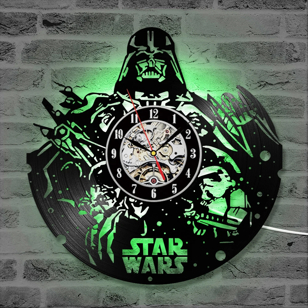 Античный стиль Звездные войны Виниловая пластинка настенные часы Креативный винтажный домашний декор настенные часы ручной работы немой светодиодный