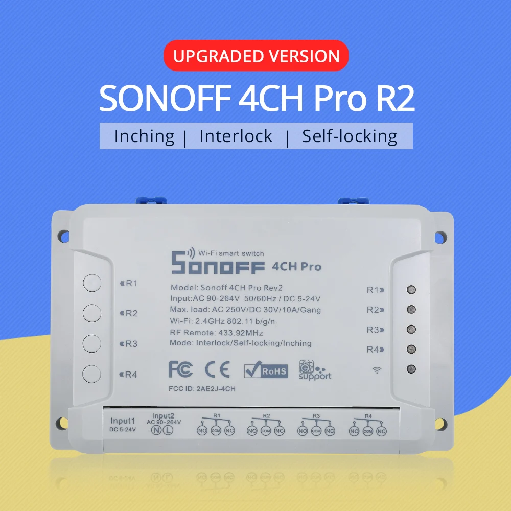 

SONOFF 4CH Pro R2 Wifi 433mhz 4 Channels/Gang RF Smart Switch Wireless Remote Self-locking Inching Interlock Relay Google Home