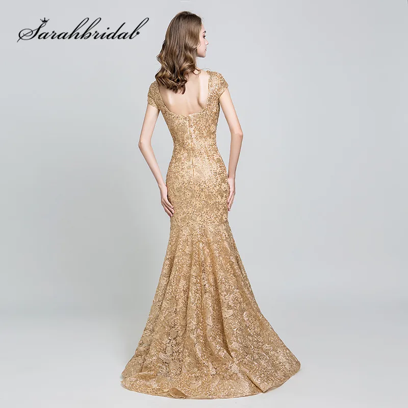 Elegant Evening Dresses Long Gold Lace Embroidery Sexy V Neck Backless Short Sleeves Mermaid Mother of the Bride Formal Gowns