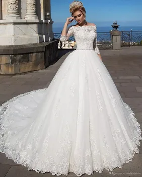 

2019 New Arabic 3/4 Long Sleeves Ball Gown Wedding Dresses Illusion Off Shoulder Lace Appliques Plus Size Court Train dress