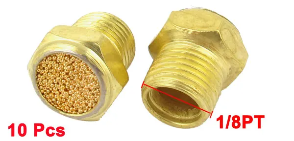10 Pcs Flat Pneumatic Noise Muffler Filter Sintered Gold Tone 1/8PT Male Thread