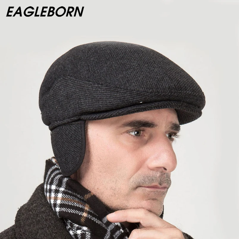 

2019 Brand New Winter Beret Hat Thicken Cap Ear Cap snapback Woolen Solid Stripe Foldable Hats casquette Gorras Planas Flat Caps