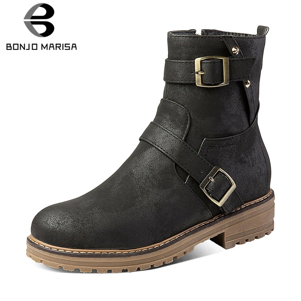 

BONJOMARISA New Fashion Big Size 34-44 Belt Buckle Zip Chunky Heels Women Shoes Woman Casual Party Ol Autumn Winter Ankle Boots