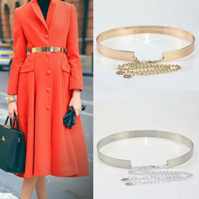 

Hirigin Women Metal Waist Wide Belt Gold Plated Mirror Waistband Metallic Chains New 2019